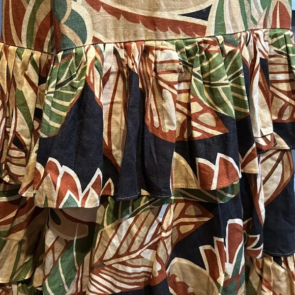 Zara linen viscose blend tropical print high waist long ruffled skirt - Picture 3 of 5